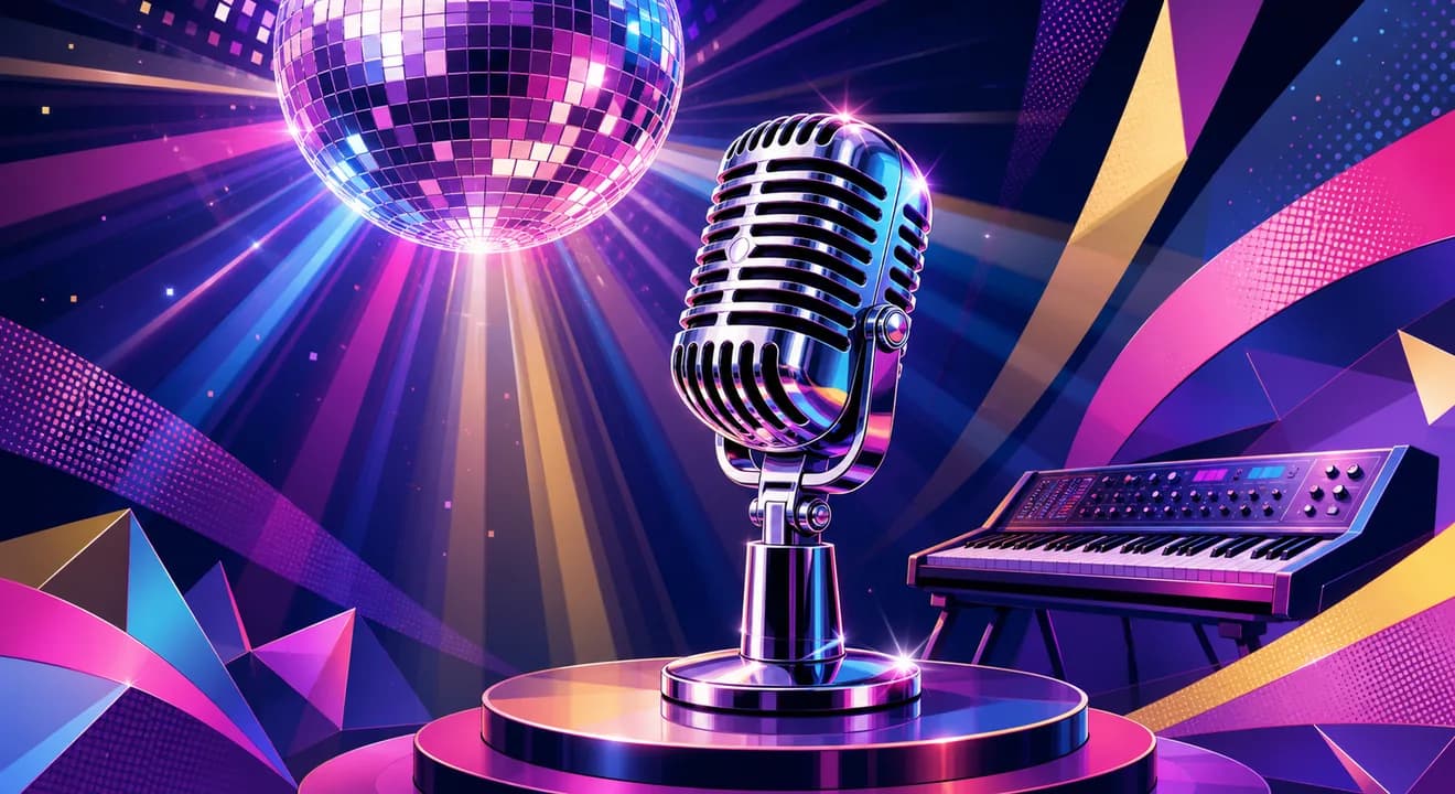Illustration of Pop music with a disco ball, microphone, and keyboard